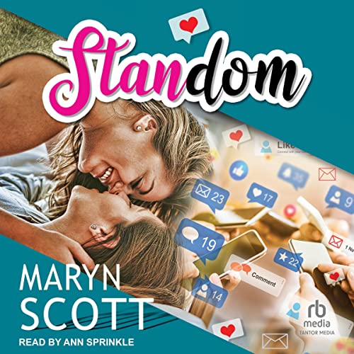 Standom Audiobook Cover featuring two women almost kissing with social media likes and comment bubbles around them