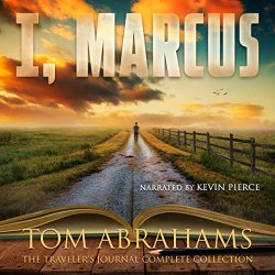 I, Marcus Audiobook Cover Featuring a sunset sky with lots of oranges and blues. A road with a wooden fence down the right side of it, and the bottom of the page is an open book/diary