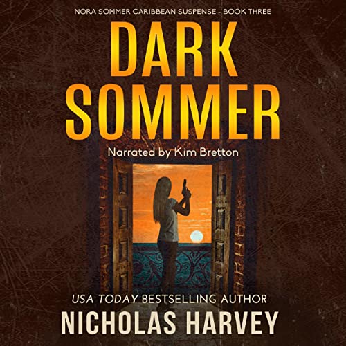Dark Sommer Audiobook Cover featuring a women holding a gun who is framed by what looks to be a window. There is an orange hued sunset behind her.