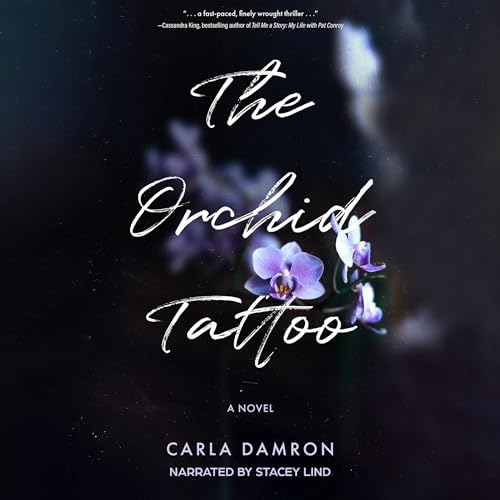 The Orchid Tattoo audiobook cover featuring a white and purple orchid in the mostly blacked out background with the words The Orchid Tattoo in a script font